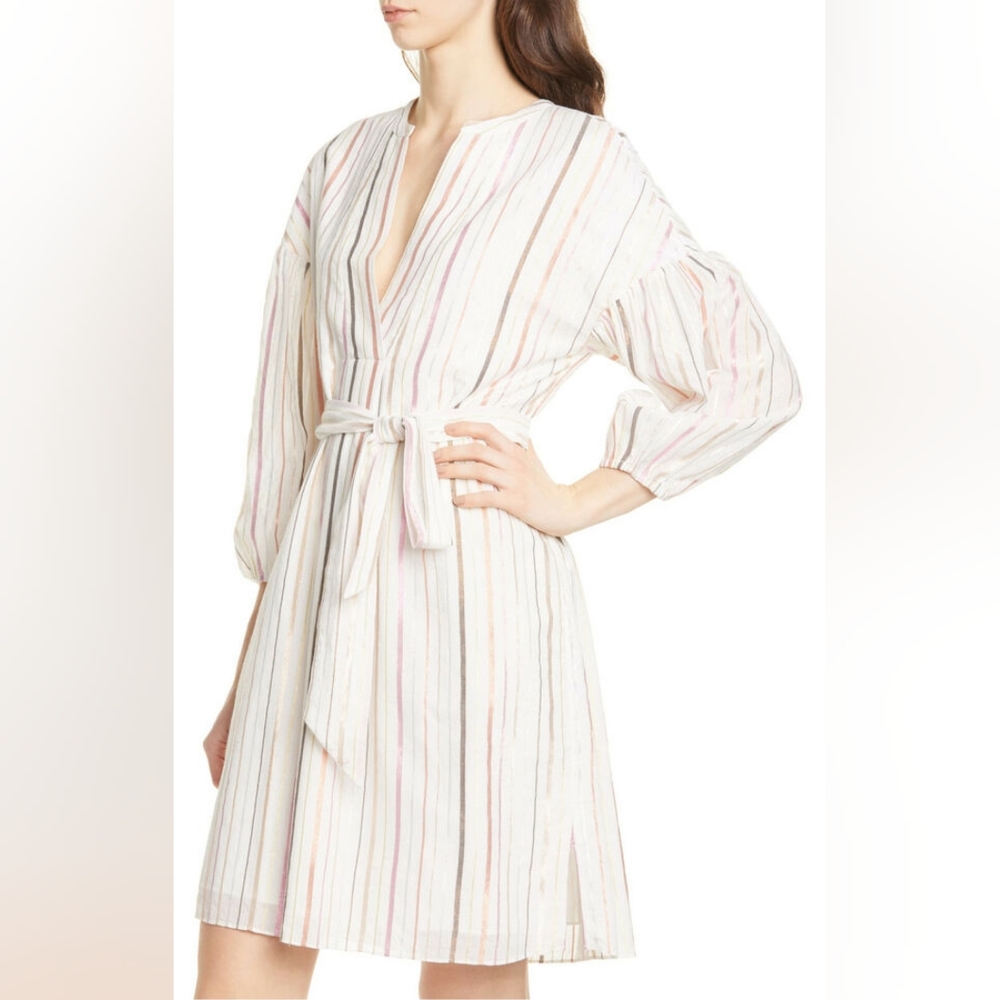 New JOIE "SEMRA" PORCELAIN METALLIC STRIPED BELTED TUNIC DRESS SIZE MED - Picture 4 of 14